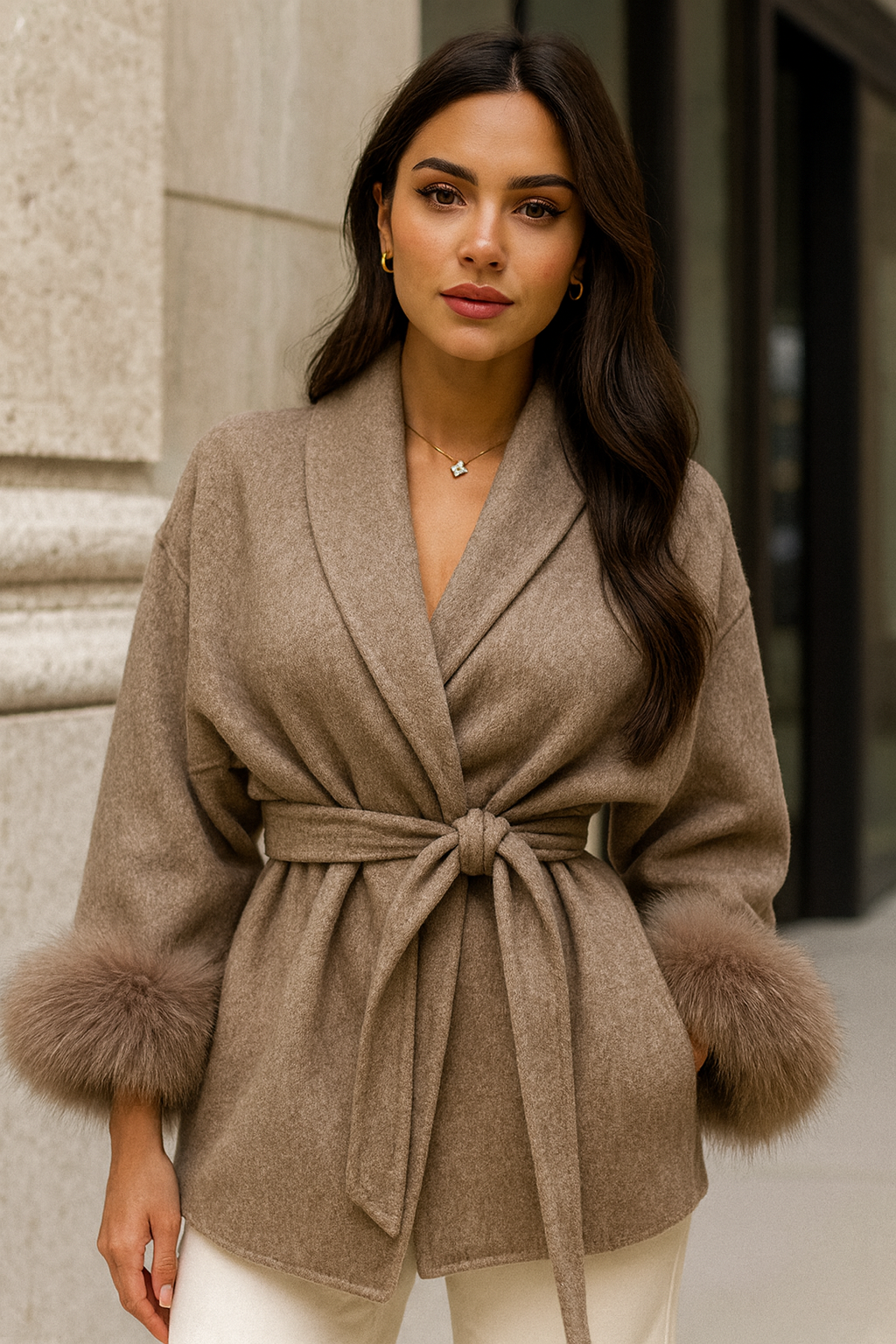 Serena – Cappotto Avvolgente con Cintura e Pelliccia